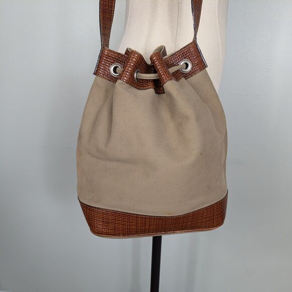 Vintage Talbots Bucket Bag Tan Brown Y2K Handbag Purse Leather Canvas Crossbody - Picture 7 of 16